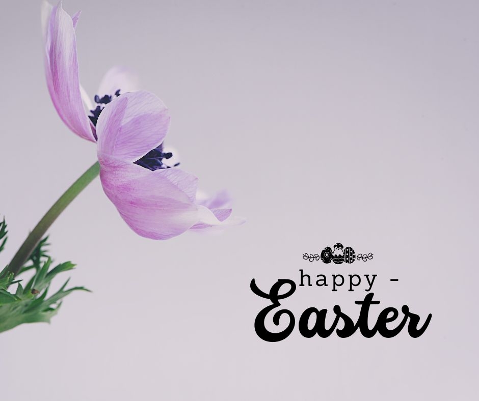 The text 'Happy Easter' with the company brand logo and a purple flower