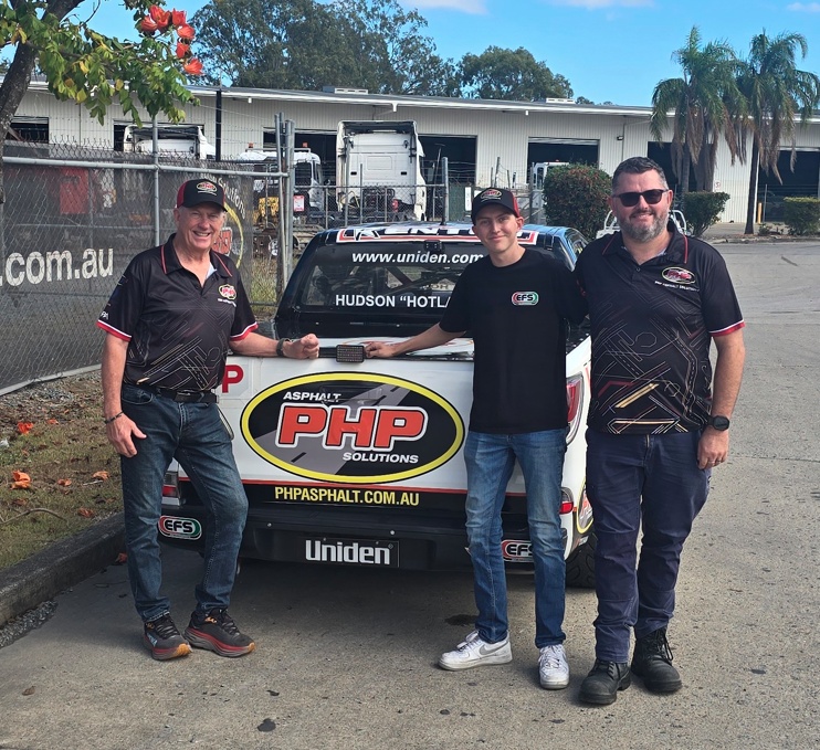 Greg Quince, Hudson James and Adam Pinkerton in front of the PHP Asphalt Solutions SuperUte.
